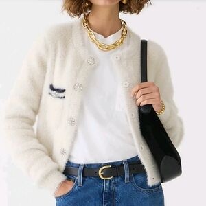 J. CREW Lady Jacket Cardigan  Brushed Yarn Bone Navy Crystal Flower Buttons NWT